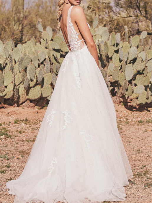 A-Line/Princess V-Neck Floor-length Wedding Dress White