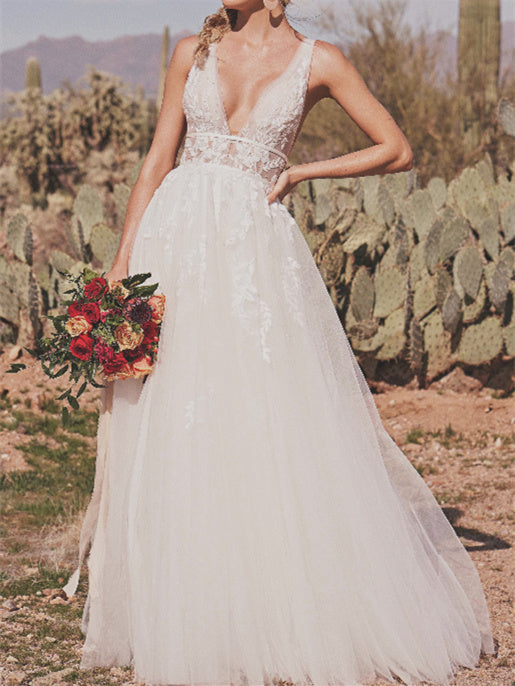 A-Line/Princess V-Neck Floor-length Wedding Dress Ivory
