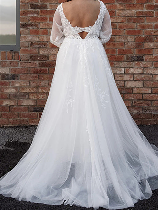 A-Line/Princess V-Neck Floor-length Wedding Dress Ivory