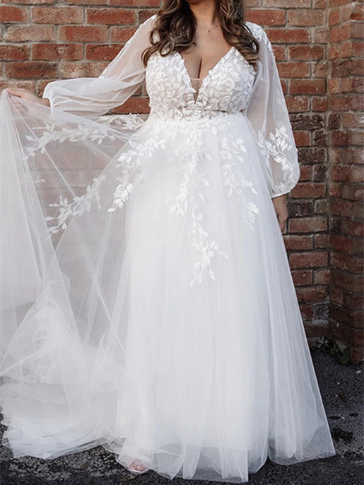 A-Line/Princess V-Neck Floor-length Wedding Dress White