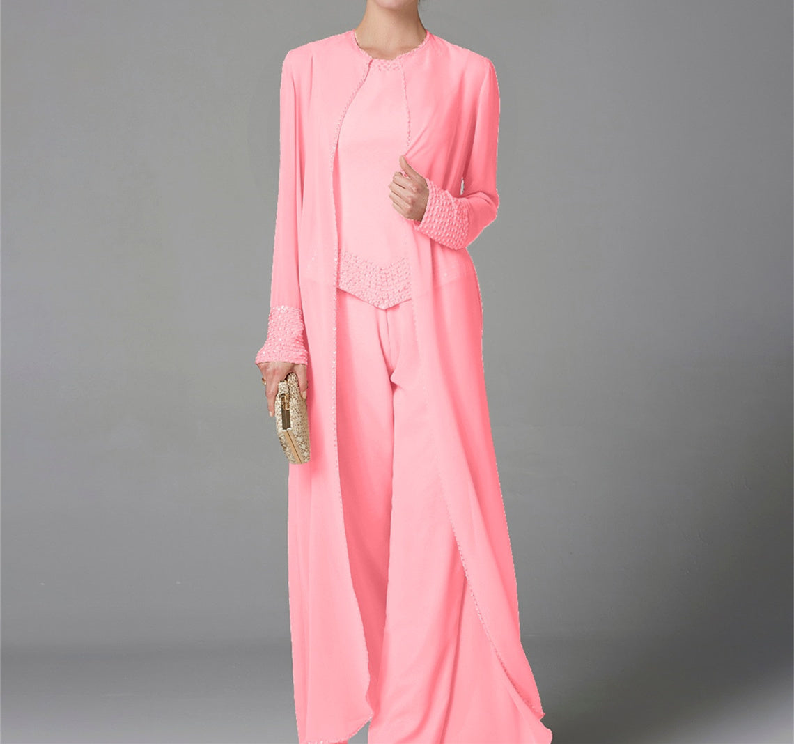 Long-Sleeve Chiffon Mother of the Bride Pantsuit with Jacket and Sequins-LLELLA