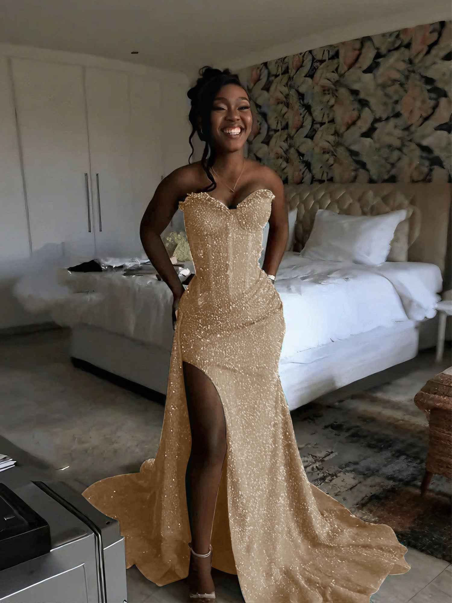 Glitter Strapless Mermaid Sequined Long Prom Dress with Slit-LLELLA