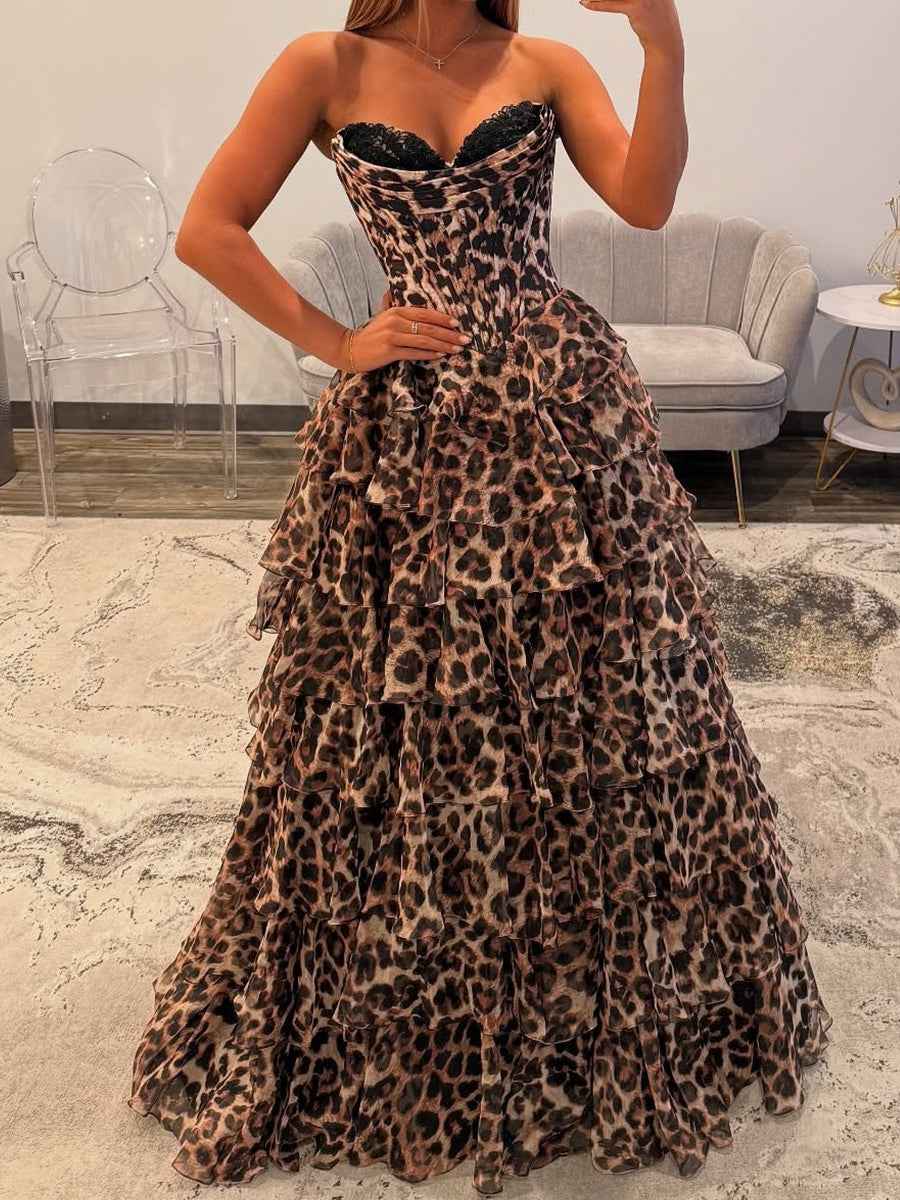 Brown Leopard Print Tiered Ruffle Long Prom Dress