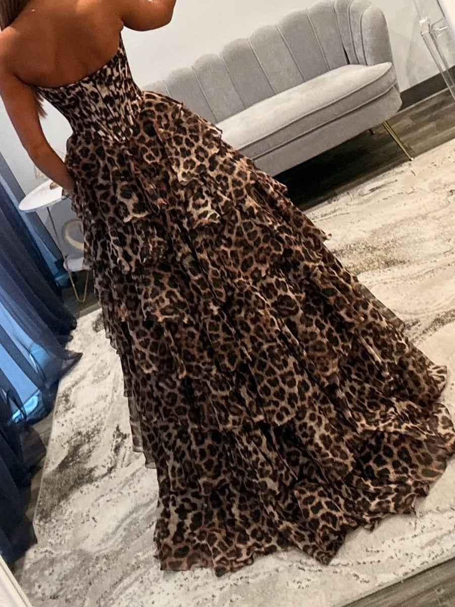 Brown Leopard Print Tiered Ruffle Long Prom Dress-LLELLA