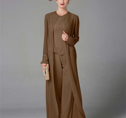 Long-Sleeve Chiffon Mother of the Bride Pantsuit with Jacket and Sequins-LLELLA