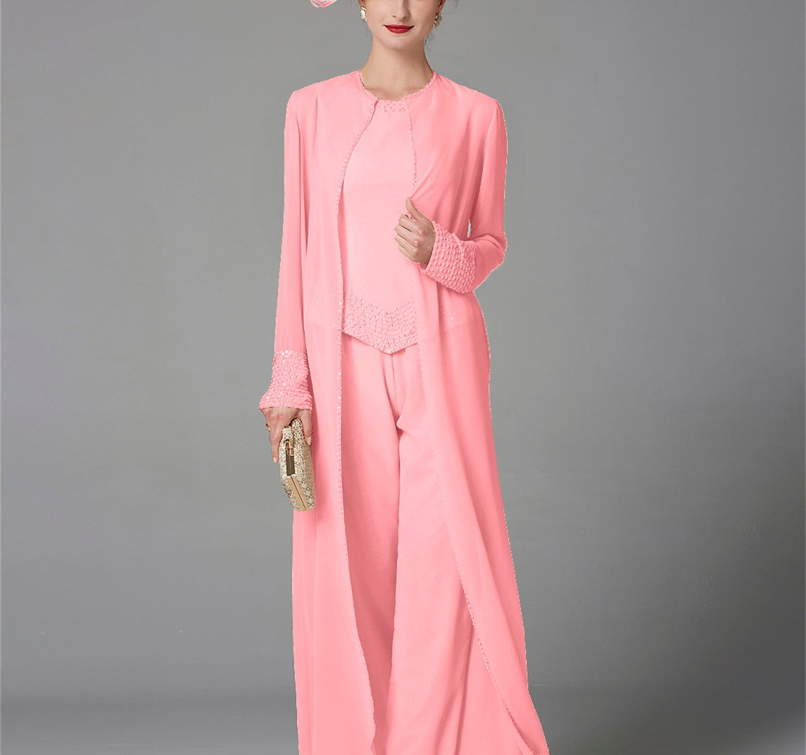 Long-Sleeve Chiffon Mother of the Bride Pantsuit with Jacket and Sequins-LLELLA