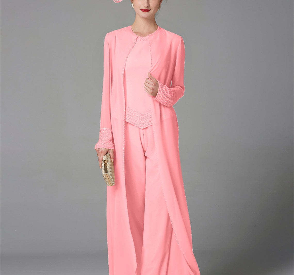Long-Sleeve Chiffon Mother of the Bride Pantsuit with Jacket and Sequins-LLELLA