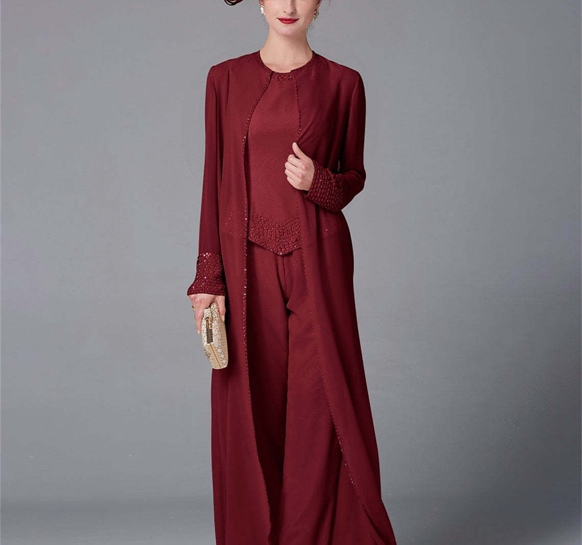 Long-Sleeve Chiffon Mother of the Bride Pantsuit with Jacket and Sequins-LLELLA