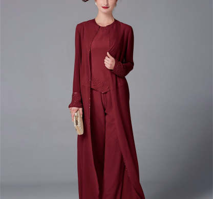 Long-Sleeve Chiffon Mother of the Bride Pantsuit with Jacket and Sequins-LLELLA