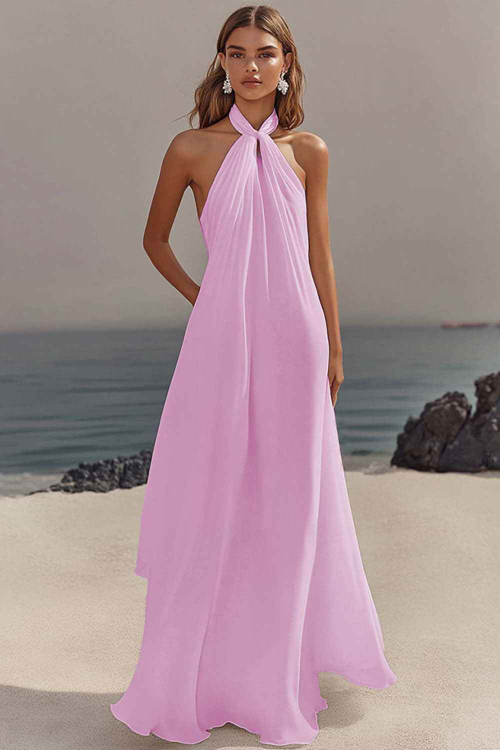 Flowy Sky Blue Chiffon A Line Halter Backless Long Prom Dress-LLELLA
