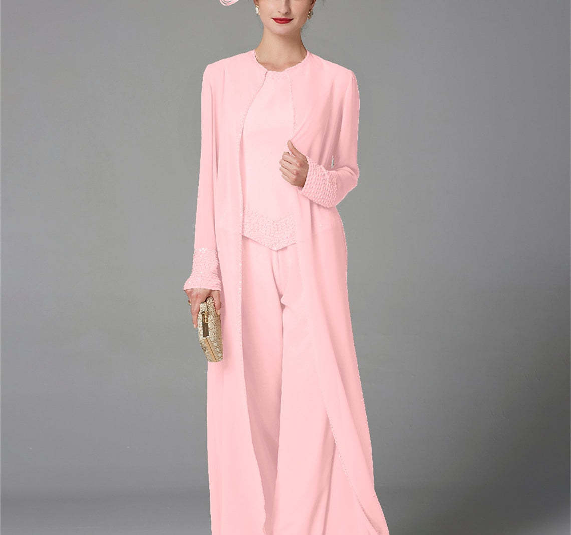 Long-Sleeve Chiffon Mother of the Bride Pantsuit with Jacket and Sequins-LLELLA