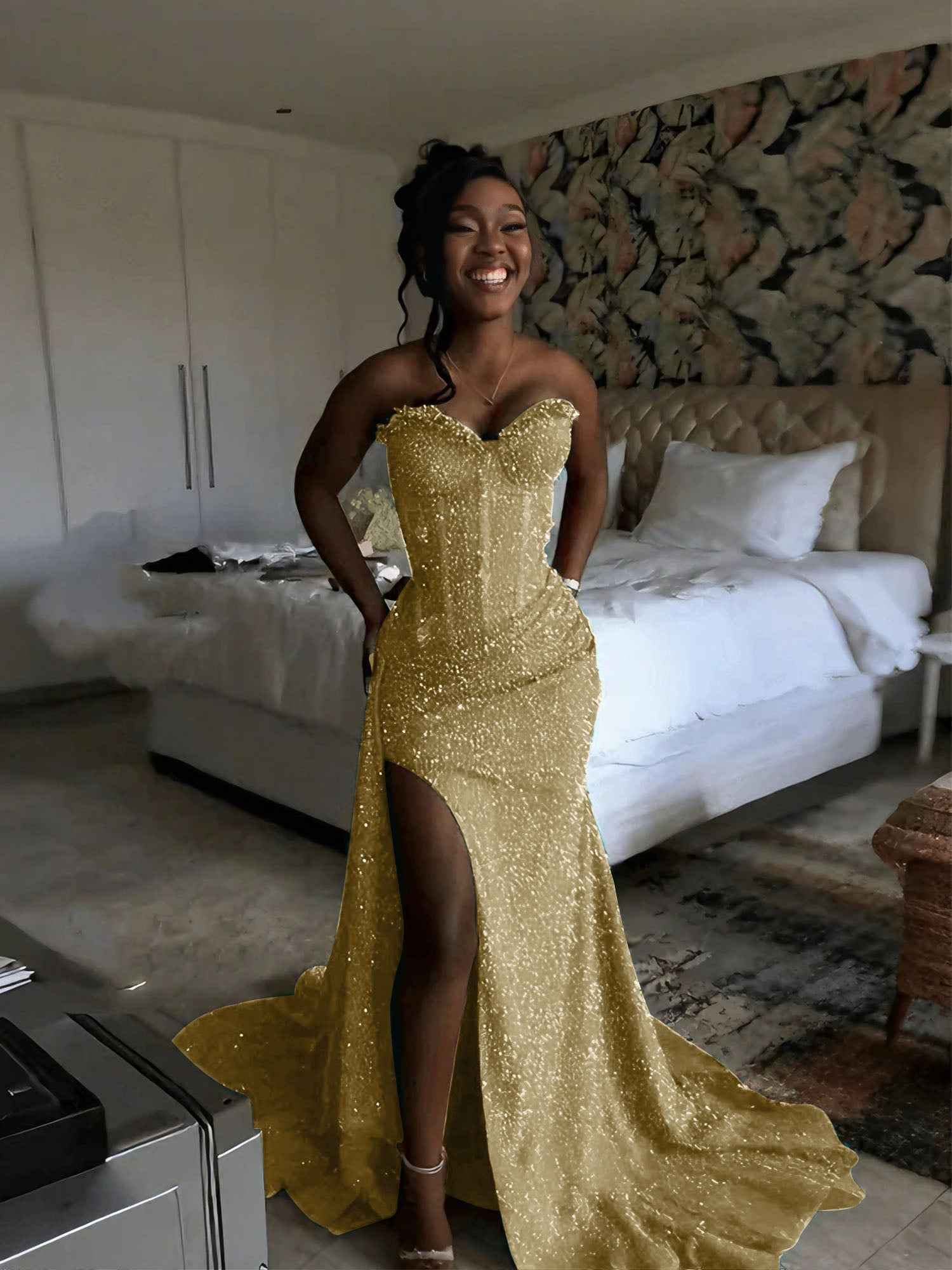 Glitter Strapless Mermaid Sequined Long Prom Dress with Slit-LLELLA