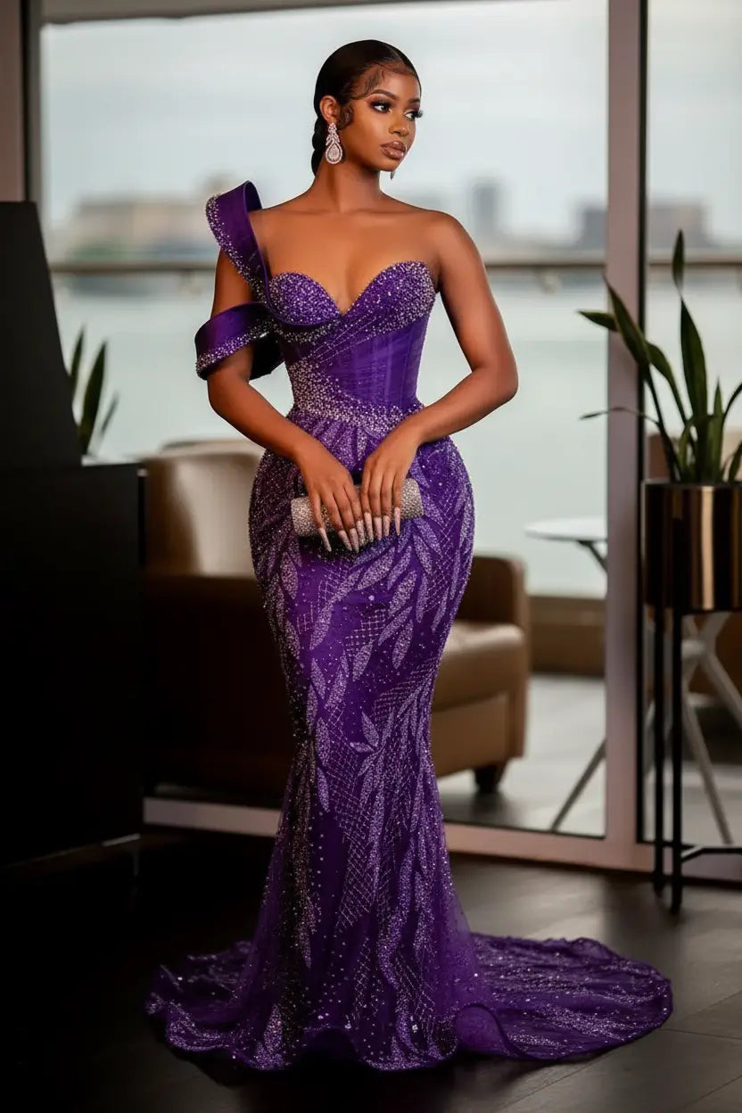 Glitter Sequins & Pearl Sweetheart Evening Dress