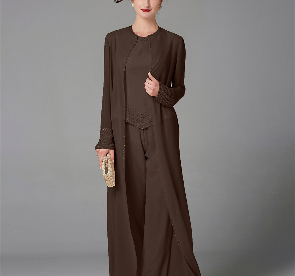 Long-Sleeve Chiffon Mother of the Bride Pantsuit with Jacket and Sequins-LLELLA