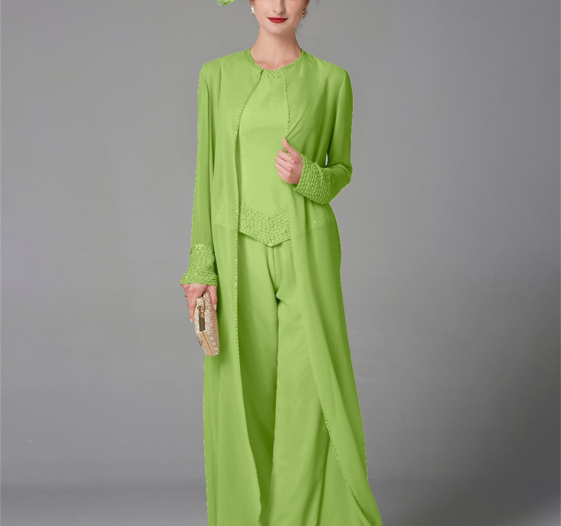 Long-Sleeve Chiffon Mother of the Bride Pantsuit with Jacket and Sequins-LLELLA