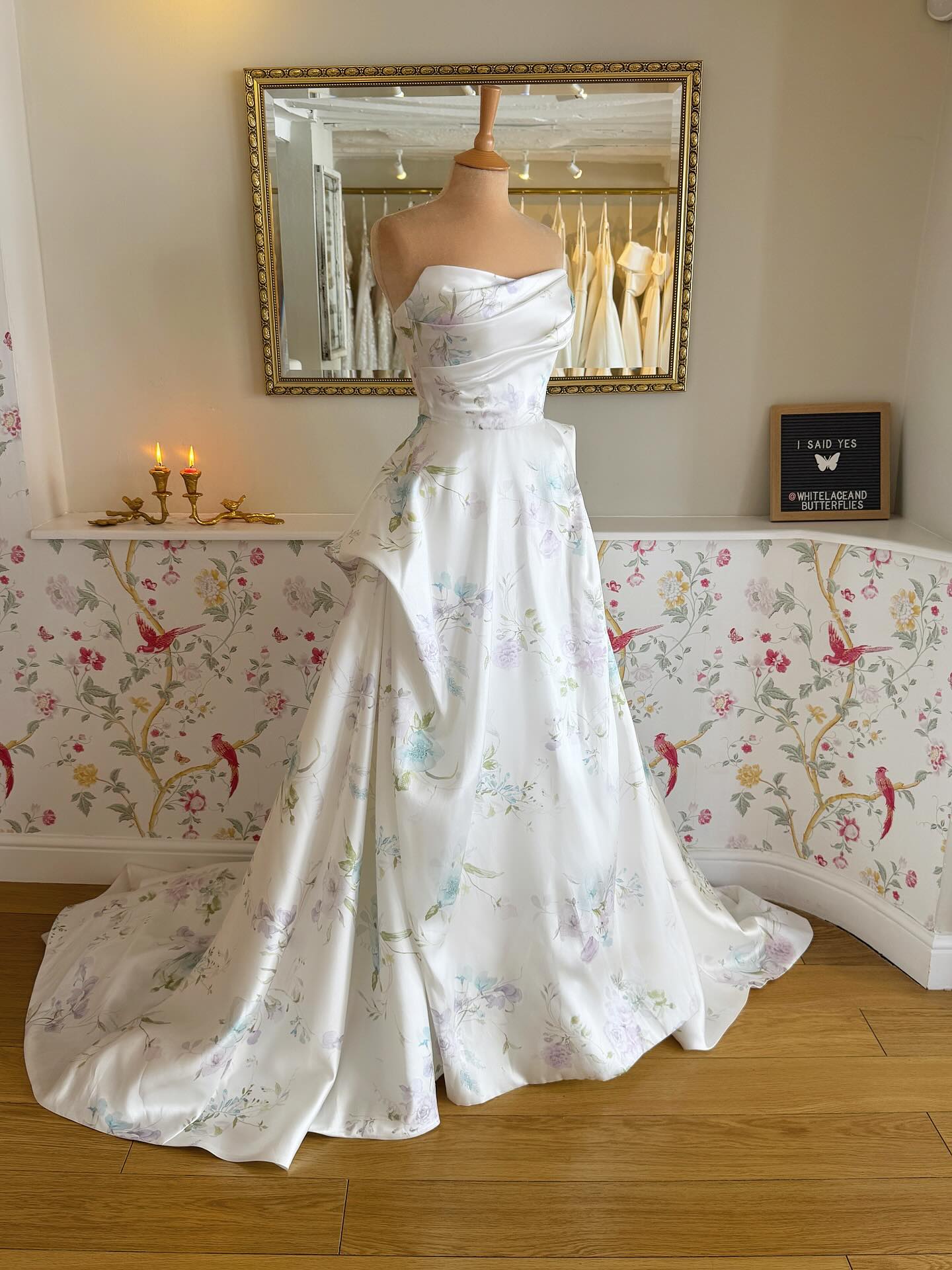 Floral Dream Strapless Sweetheart Watercolor Floral A-Line Wedding Dress with Cathedral Train