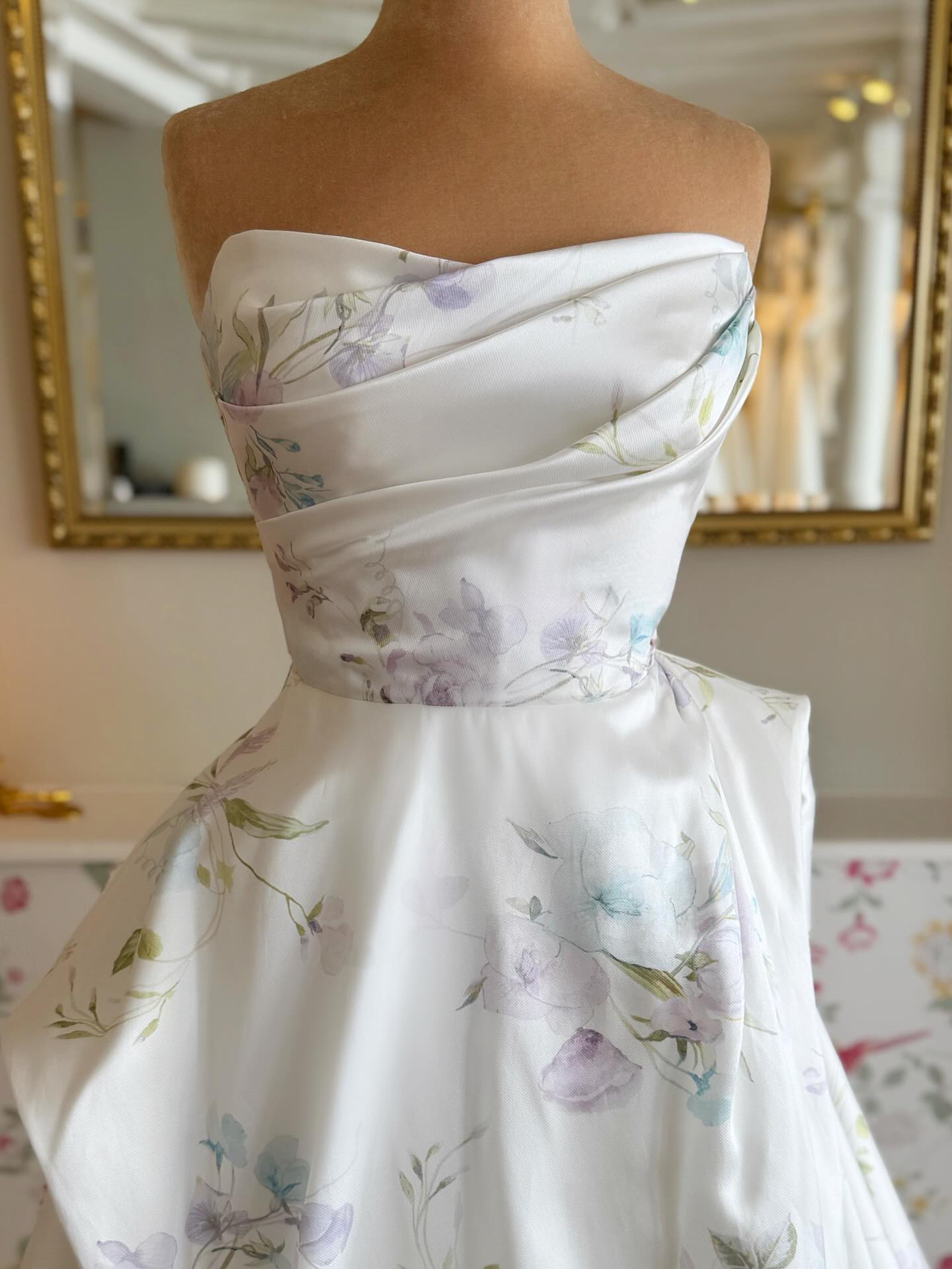 Floral Dream Strapless Sweetheart Watercolor Floral A-Line Wedding Dress with Cathedral Train