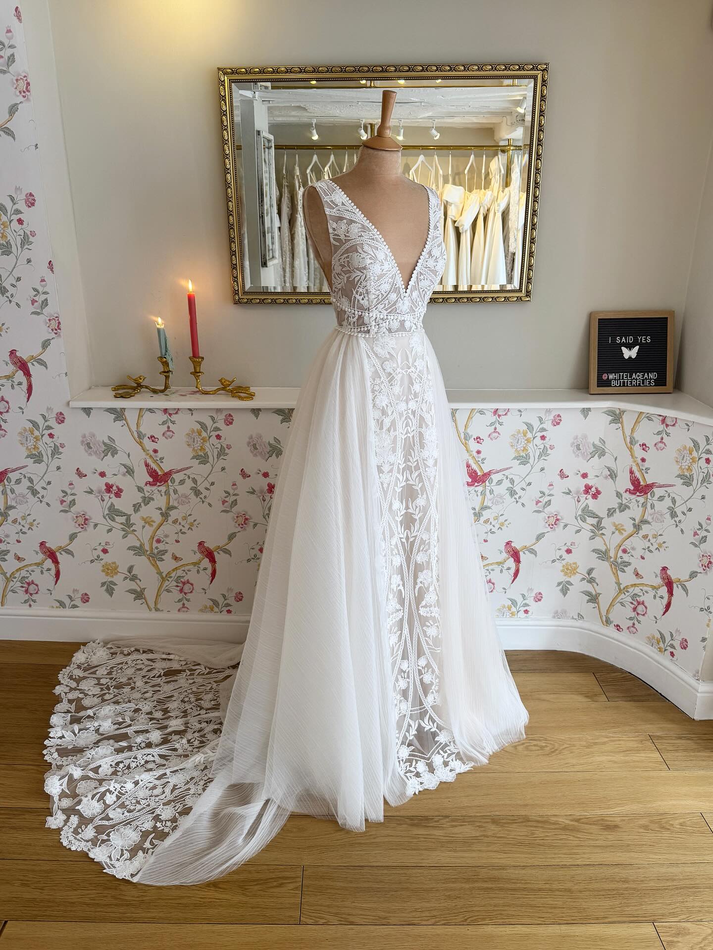 Ivory Lace Boho Deep V-Neck Floral Embroidered A-Line Wedding Dress with Pearl Details and Lace Train