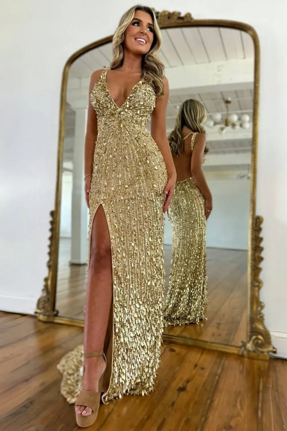 Sparkly Gold Mermaid Sequins Sweetheart Long Corset Prom Dress with Slit