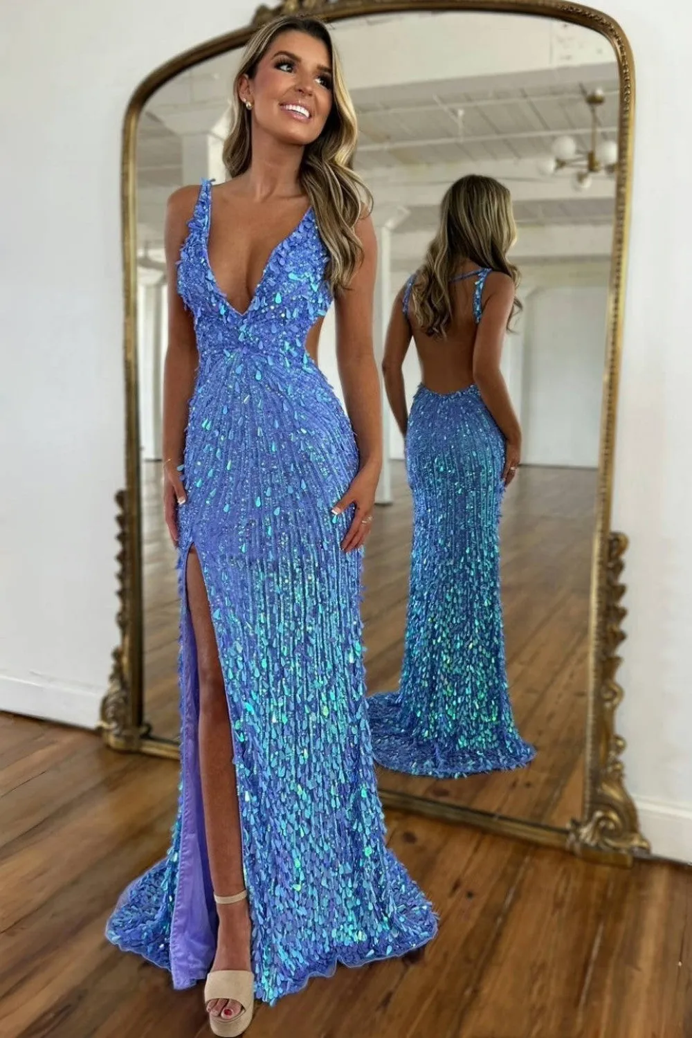 Sparkly Gold Mermaid Sequins Sweetheart Long Corset Prom Dress with Slit-LLELLA