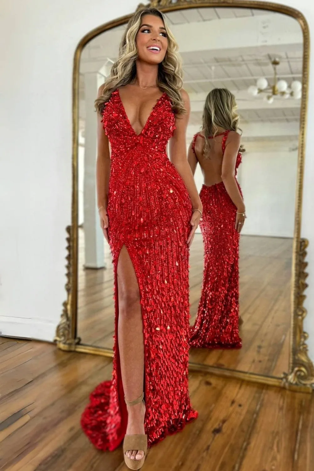 Sparkly Gold Mermaid Sequins Sweetheart Long Corset Prom Dress with Slit-LLELLA