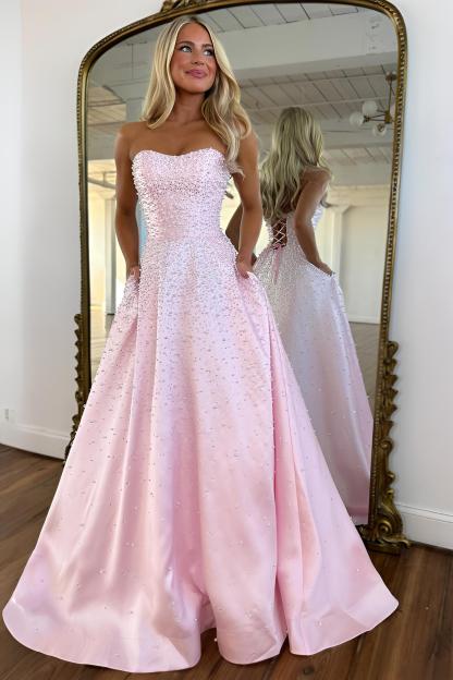 Light Pink Strapless Beaded Prom Dress A-Line Satin Gown With Pearls