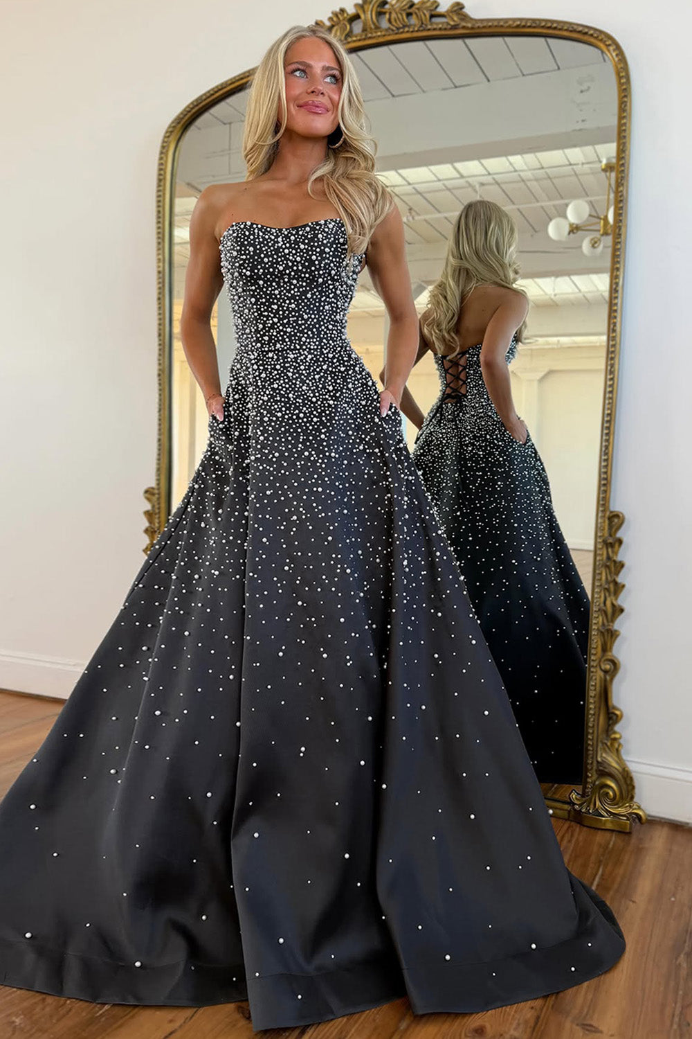 Light Pink Strapless Beaded Prom Dress A-Line Satin Gown With Pearls