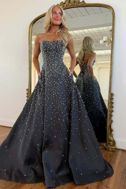 Light Pink Strapless Beaded Prom Dress A-Line Satin Gown With Pearls