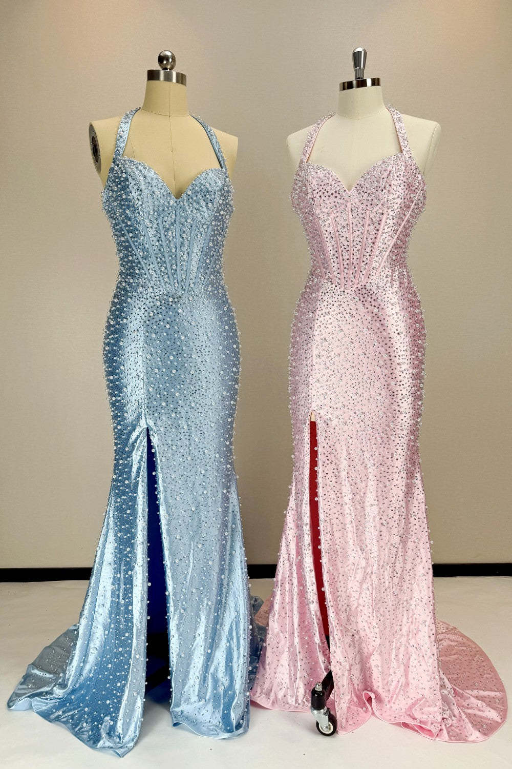 Light Pink Strapless Beaded Prom Dress A-Line Satin Gown With Pearls