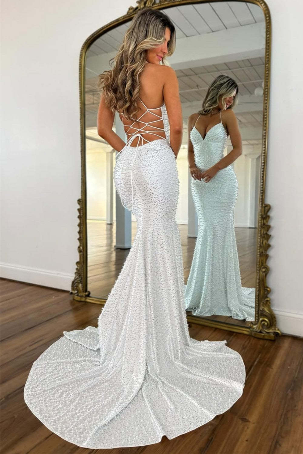 Light Pink Strapless Beaded Prom Dress A-Line Satin Gown With Pearls