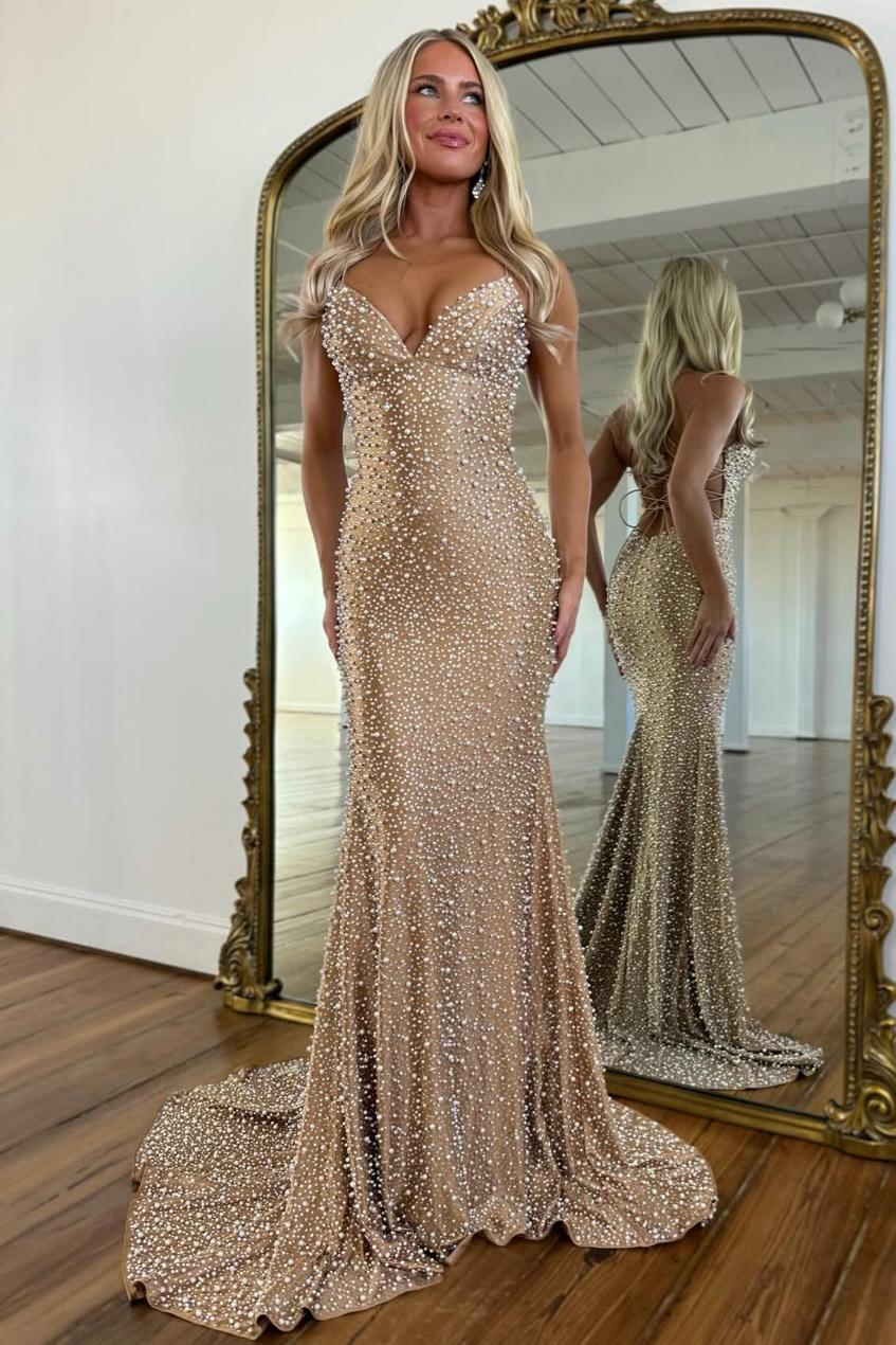 Light Pink Strapless Beaded Prom Dress A-Line Satin Gown With Pearls-LLELLA