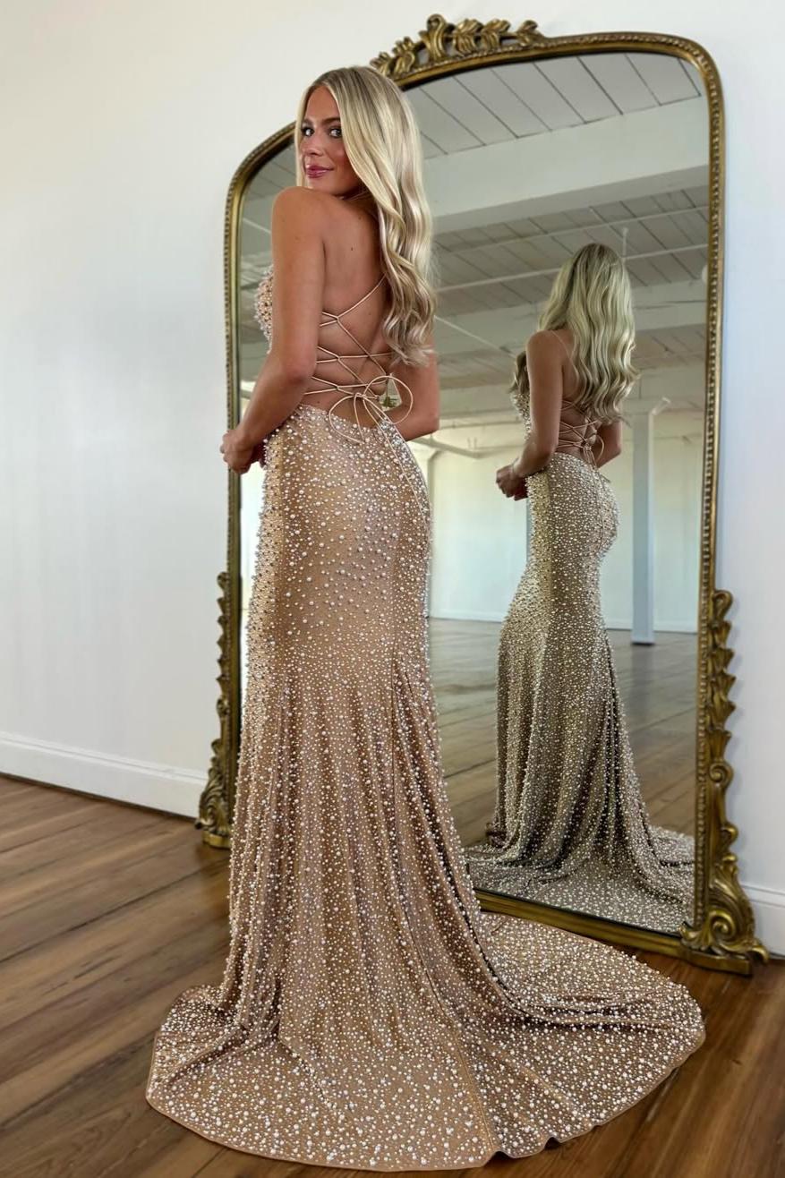 Light Pink Strapless Beaded Prom Dress A-Line Satin Gown With Pearls