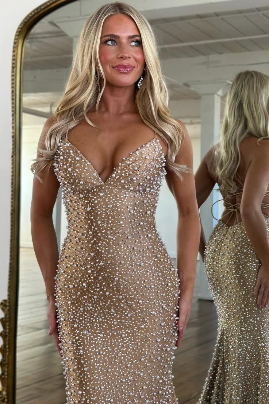 Light Pink Strapless Beaded Prom Dress A-Line Satin Gown With Pearls