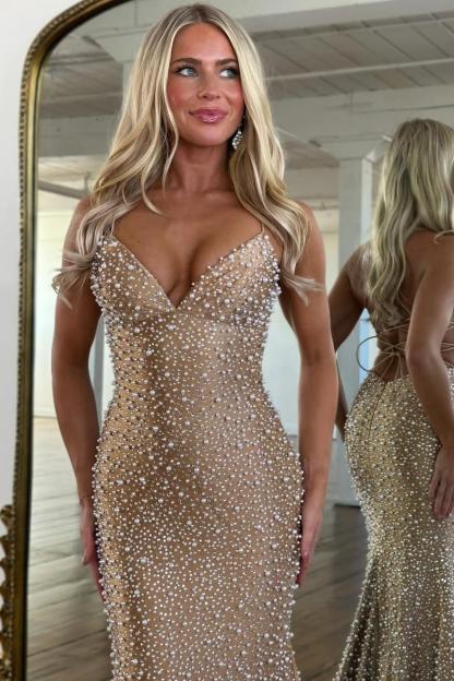 Light Pink Strapless Beaded Prom Dress A-Line Satin Gown With Pearls