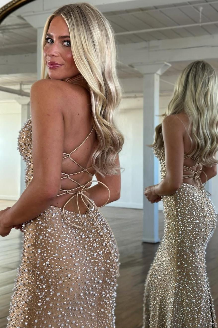 Light Pink Strapless Beaded Prom Dress A-Line Satin Gown With Pearls-LLELLA