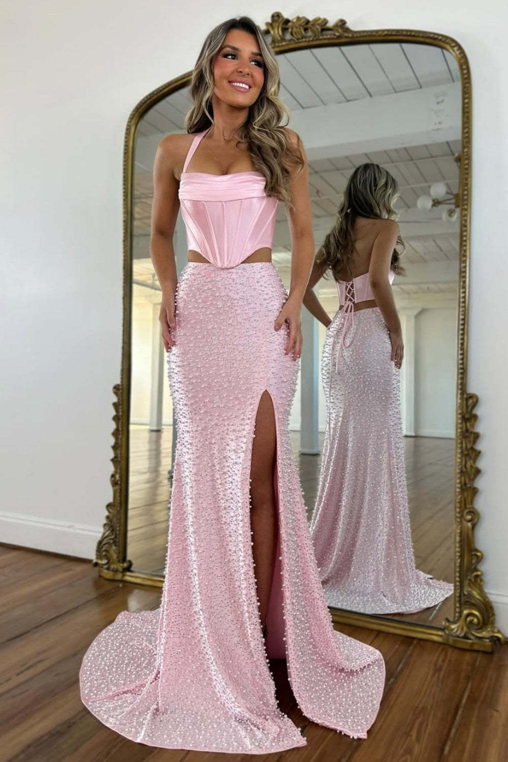 Light Pink Strapless Beaded Prom Dress A-Line Satin Gown With Pearls