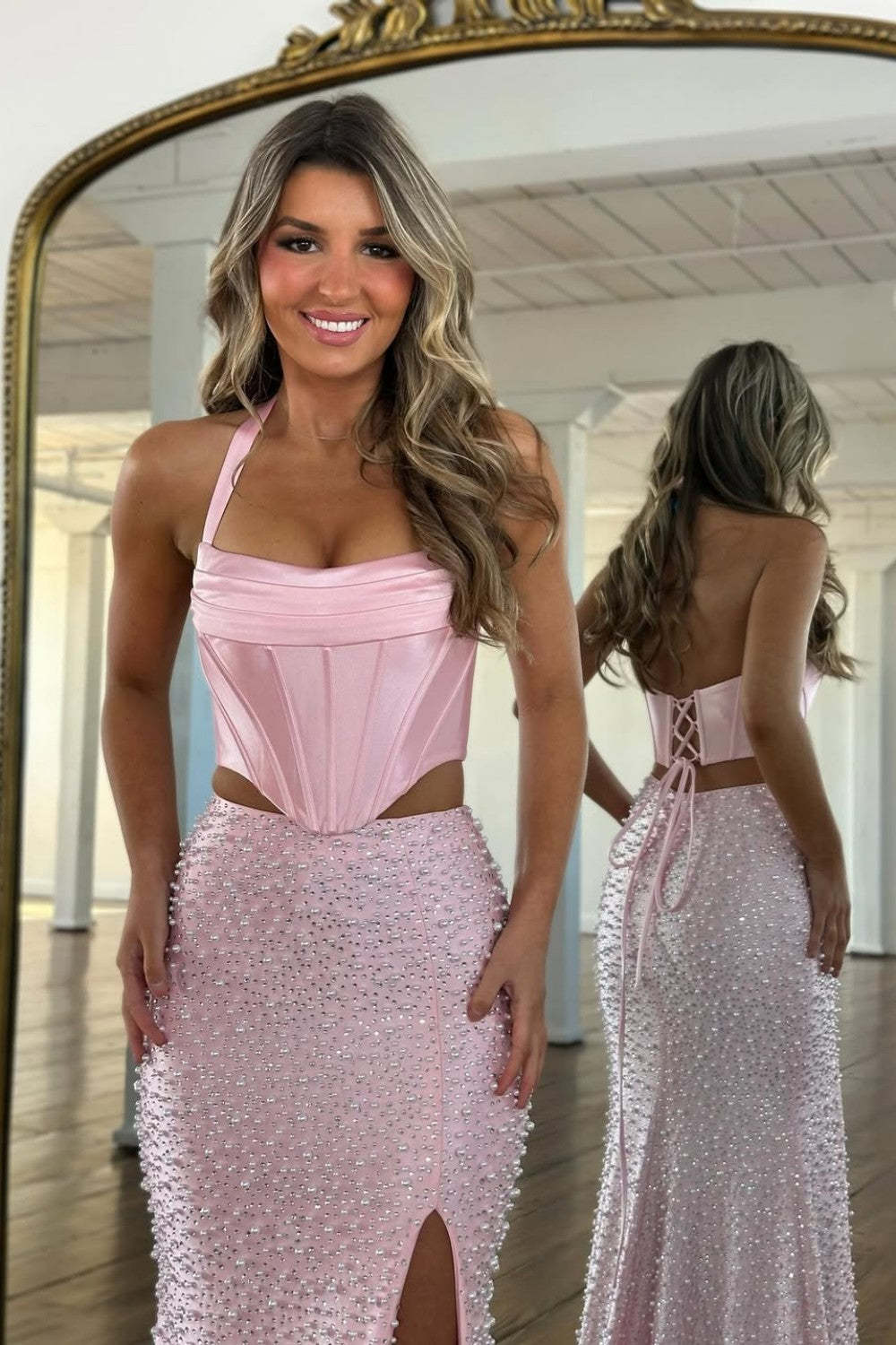 Light Pink Strapless Beaded Prom Dress A-Line Satin Gown With Pearls