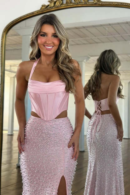 Light Pink Strapless Beaded Prom Dress A-Line Satin Gown With Pearls