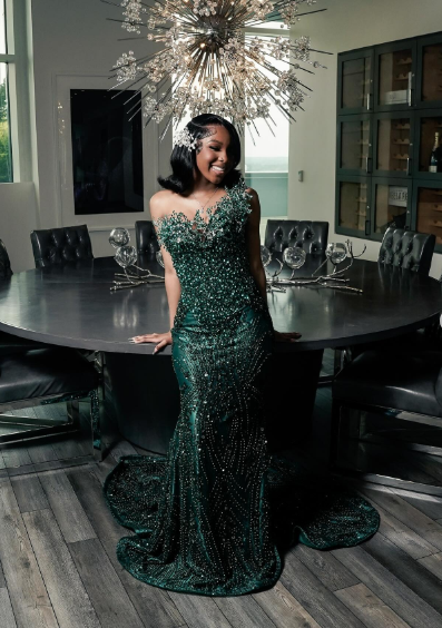 One shoulder Dark green Mermaid Sparkle Floor length Prom Dresses-LLELLA
