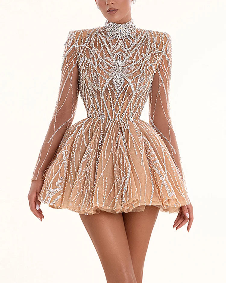 Champagne Crystal Beaded High Neck Long Sleeve Backless Mini Party Dress | Homecoming Dress HC046