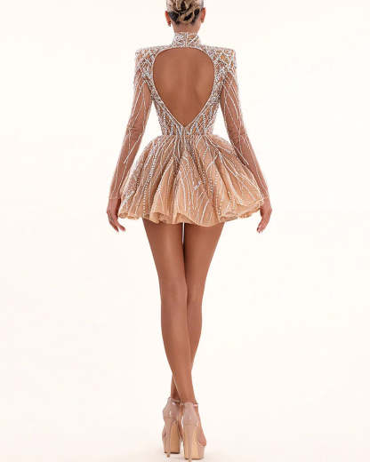 Champagne Crystal Beaded High Neck Long Sleeve Backless Mini Party Dress | Homecoming Dress HC046