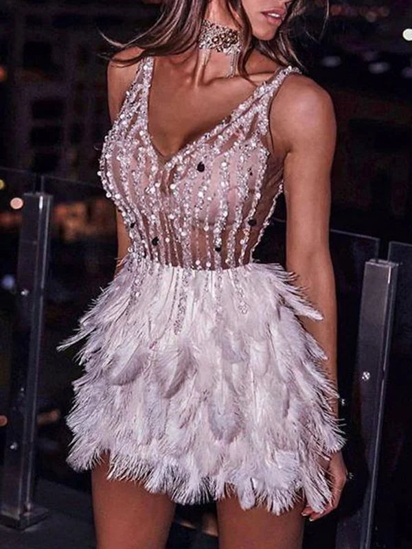 White Feather Crystal Beaded Mini Party Dress | Homecoming Dress HC042