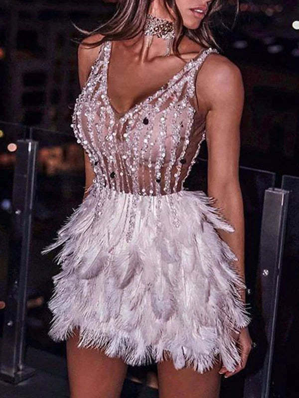 White Feather Crystal Beaded Mini Party Dress | Homecoming Dress HC042