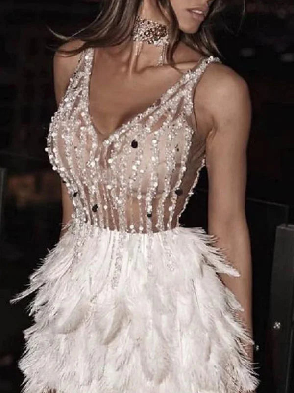 White Feather Crystal Beaded Mini Party Dress | Homecoming Dress HC042