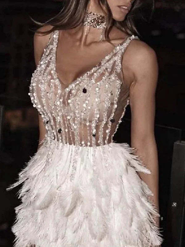 White Feather Crystal Beaded Mini Party Dress | Homecoming Dress HC042