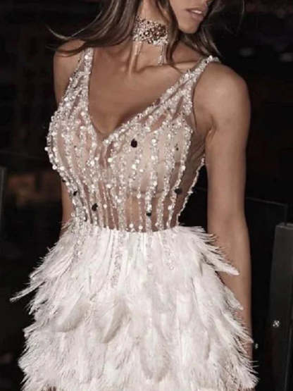 White Feather Crystal Beaded Mini Party Dress | Homecoming Dress HC042