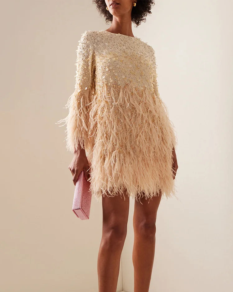 Champagne Feather Sequin Beaded Long Sleeve Mini Party Dress | Homecoming Dress HC043