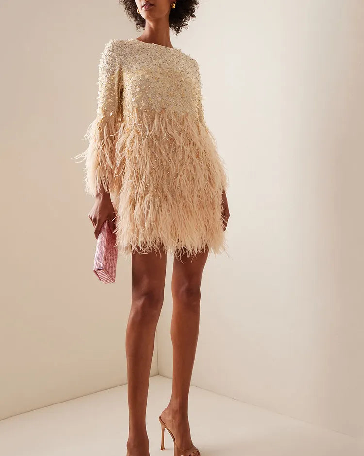 Champagne Feather Sequin Beaded Long Sleeve Mini Party Dress | Homecoming Dress HC043