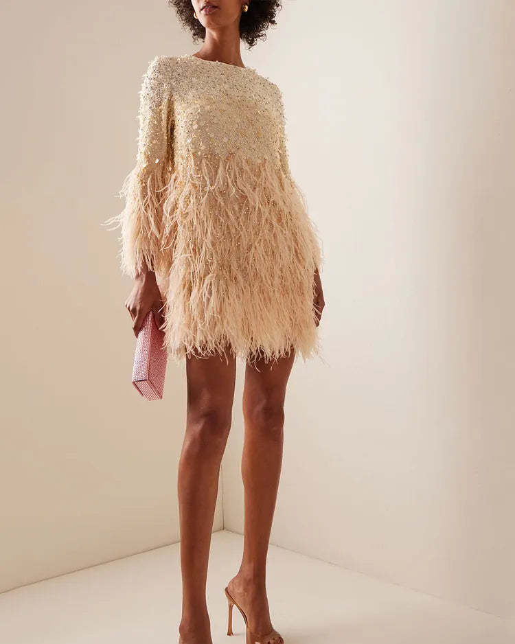 Champagne Feather Sequin Beaded Long Sleeve Mini Party Dress | Homecoming Dress HC043