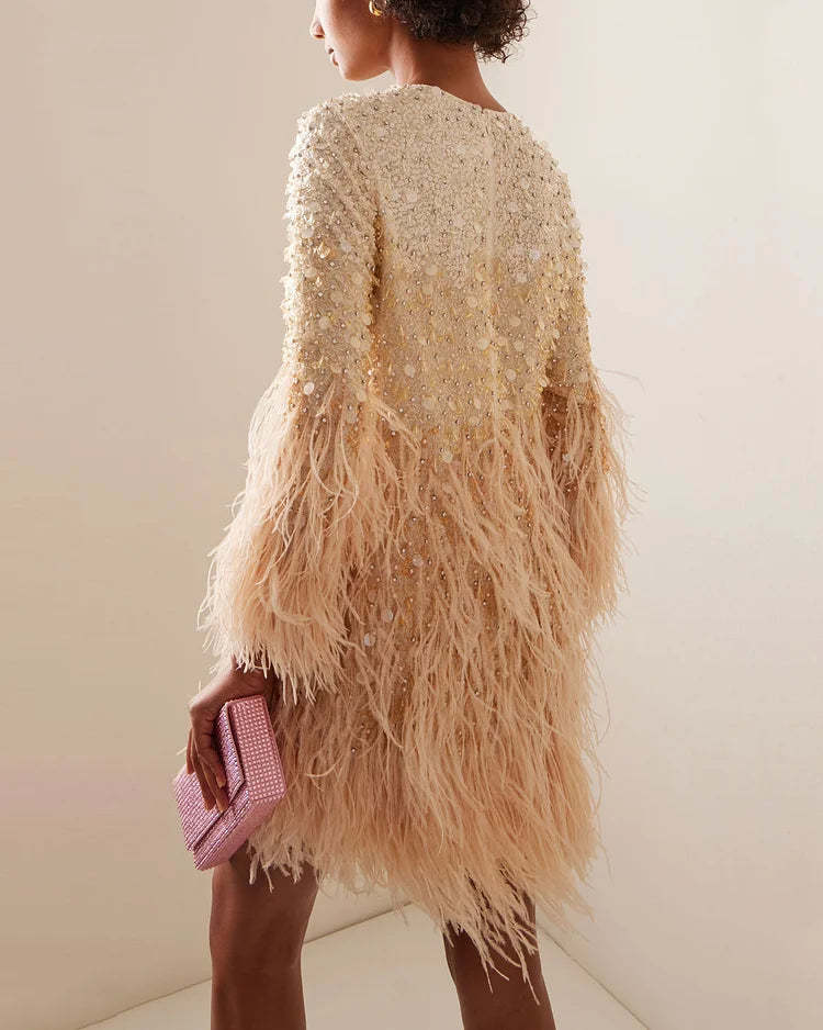 Champagne Feather Sequin Beaded Long Sleeve Mini Party Dress | Homecoming Dress HC043